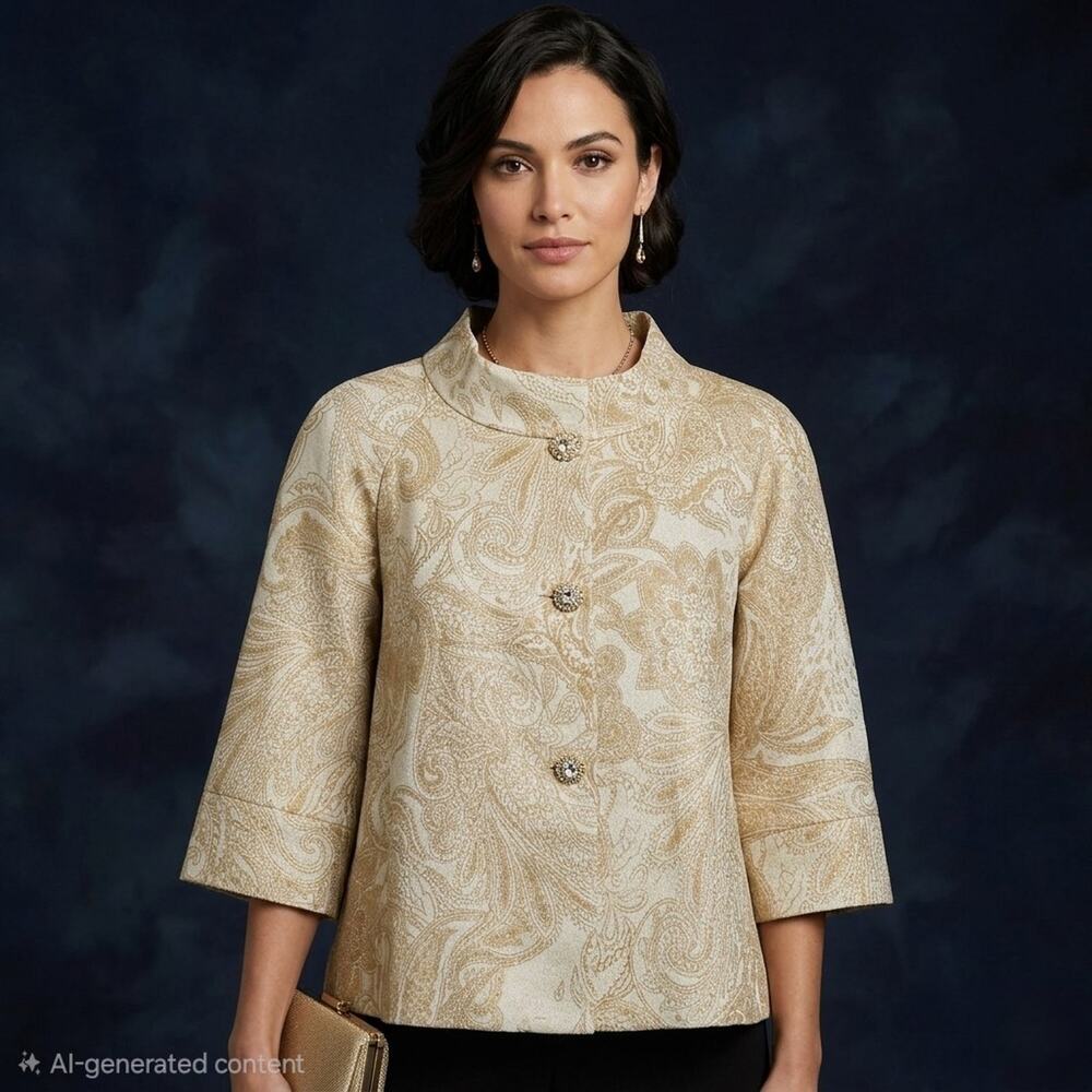Lafayette 148 Formal Jacket 8 Linen Gold Metallic Paisley Rhinestone Wedding